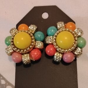 Colorful Vintage Floral-Like Clip On Earrings, No Brand